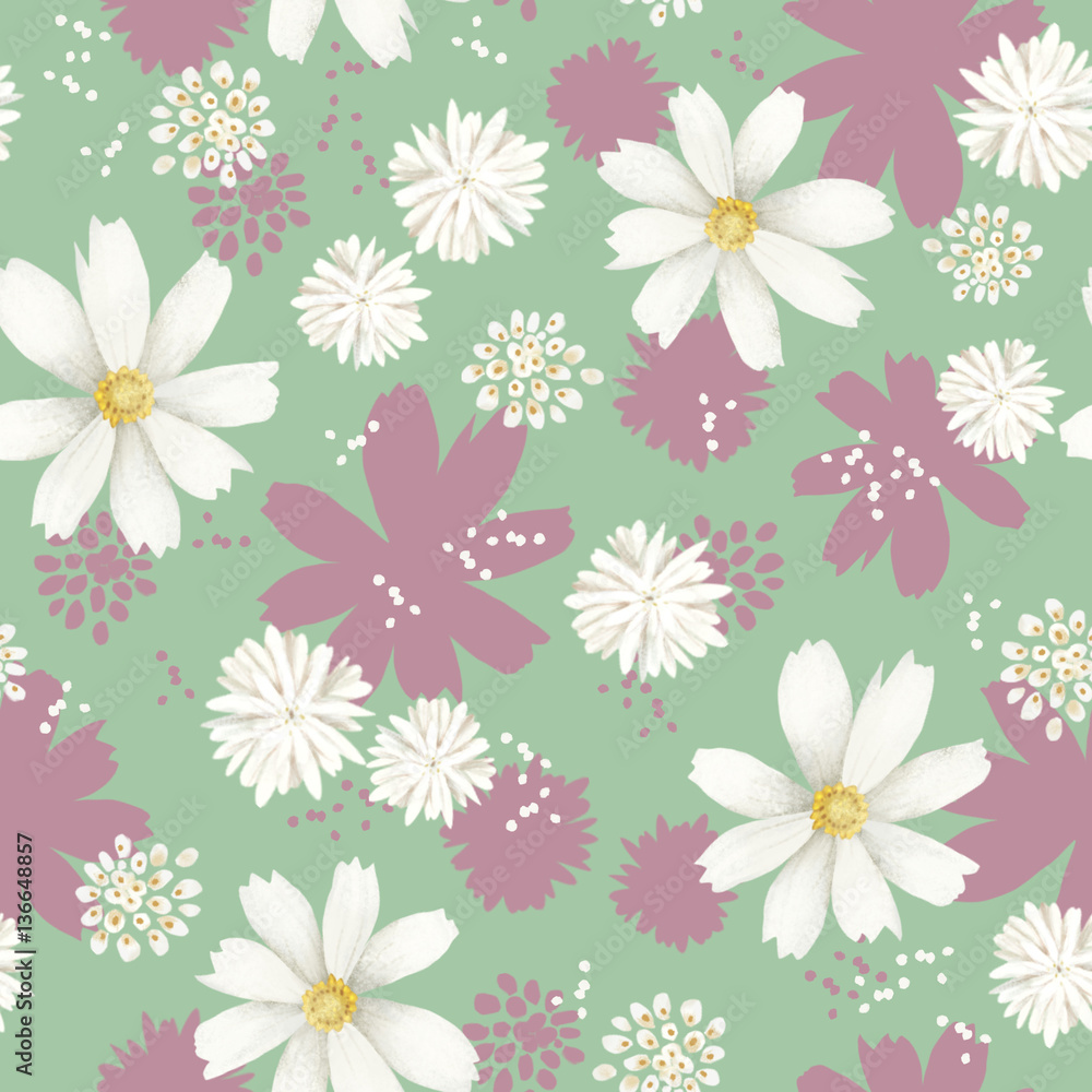 Raster seamless pattern with spring flowers on gentle green background. Floral illustration with white flowers for you textile design, wrapping paper etc. Raster seamless pattern with spring flowers on gentle green background. Floral illustration with white flowers for you textile design, wrapping paper etc.