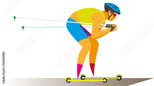 Young man is skier on roller skis