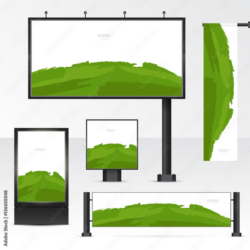 Fototapeta premium Mockup billboard, city light, horizontal and vertical banners. Set objects for outdoor advertising. Template for branding on white background. Vector illustration.