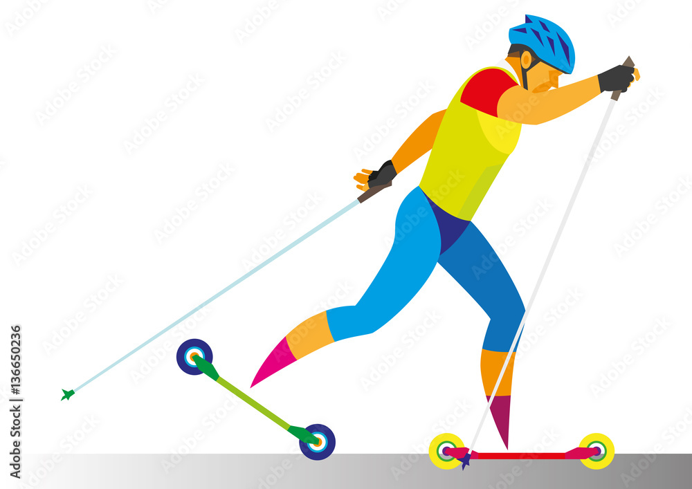 Young man is skiers training on roller skis