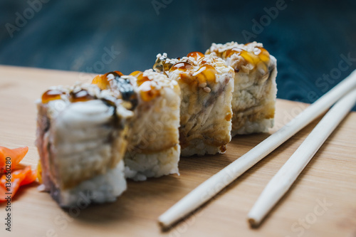 rice and seafood, Japanese food, wooden sticks