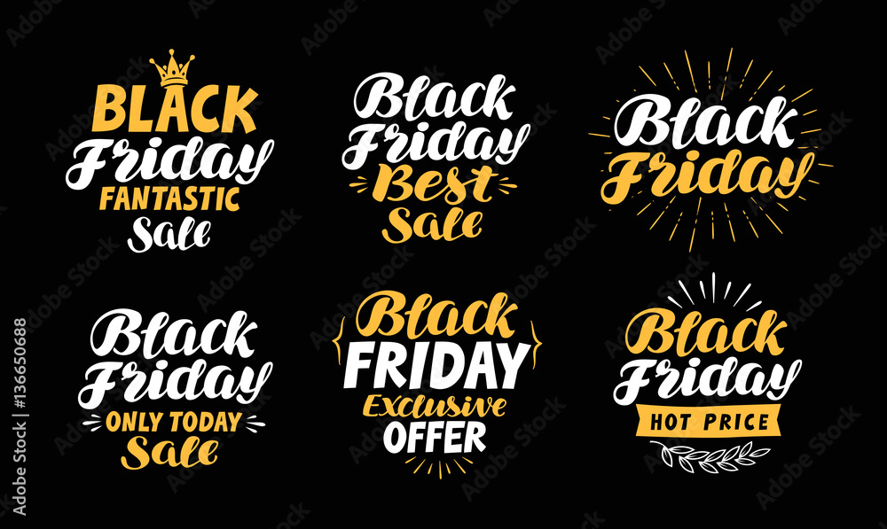 Black Friday, sale label. business, shopping icons set. lettering, calligraphy vector illustration