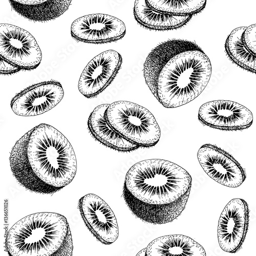 Seamless pattern design or background with kiwi. Hand drawn illustration by ink and pen sketch. Can use for fruit and vegetable products and health care goods packaging.