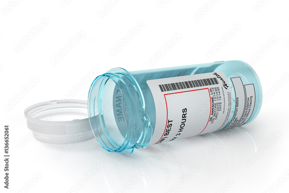 Empty open Pills Bottle isolated on white background. 3d illustr Empty open Pills Bottle isolated on white background. 3d illustr