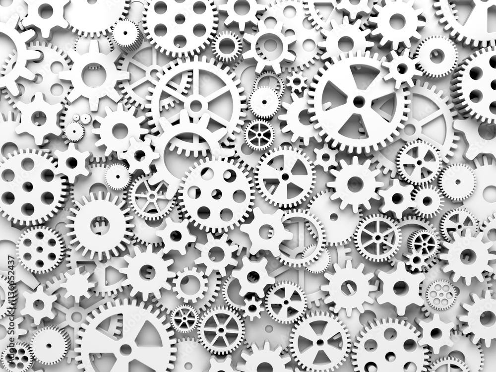 Gears and cogs. White toned background. 3d illustration