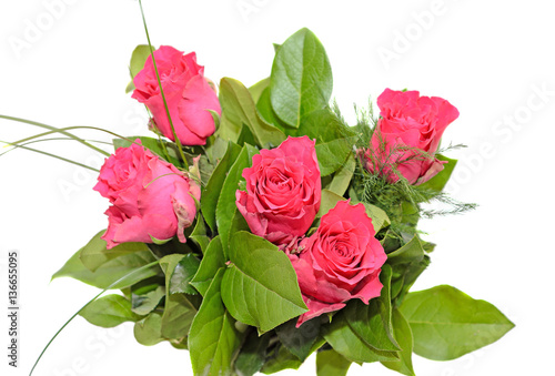 Dark pink roses flowers arrangement  green leaves bouquet isolated