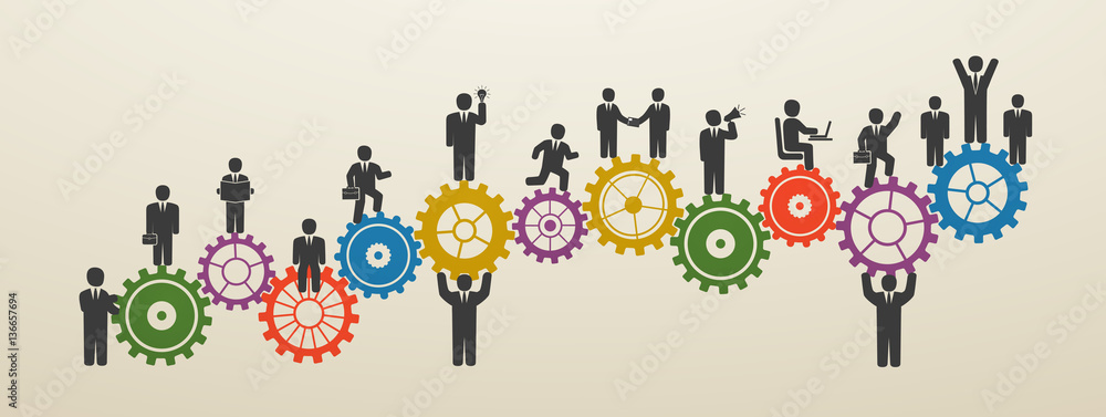 Teamwork, business people in motion, workforce. Concept business people on gear wheels. Motivation for success. 