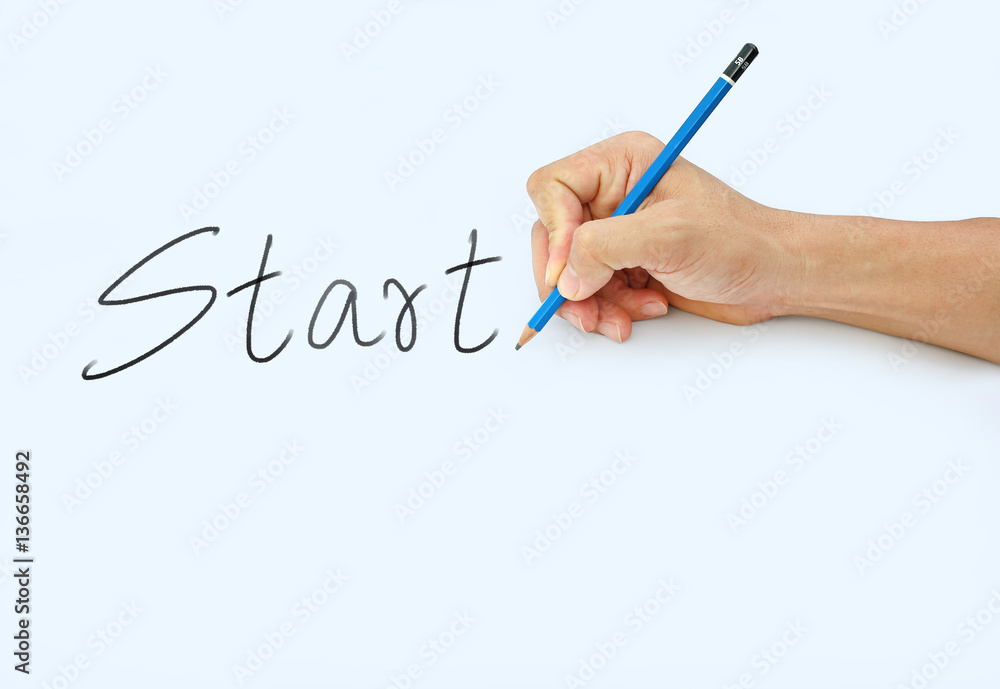 Hand holding a pencil on a white paper background, writing with pencil for word Hand holding a pencil on a white paper background, writing with pencil for word