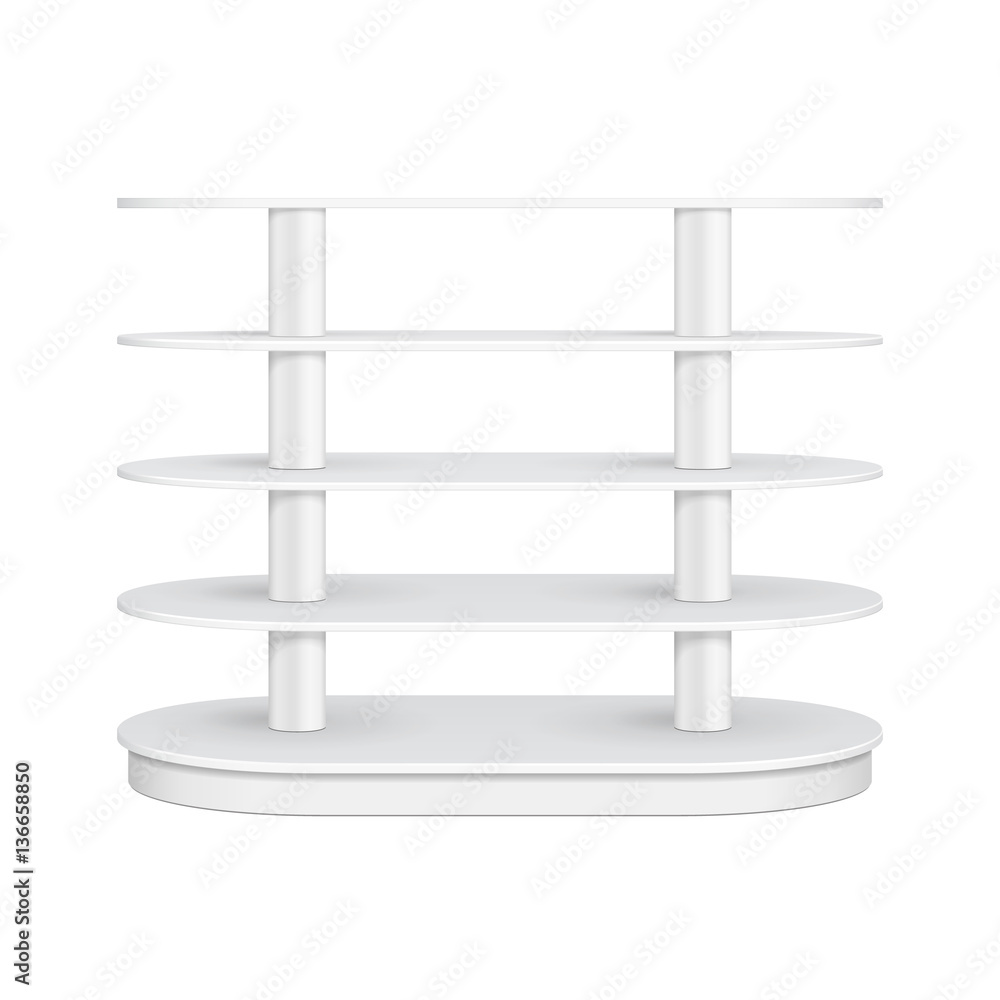 Rounded Floor Display Rack For Supermarket Empty With Shelves. 3D. Front View. Mock Up, Template. Illustration Isolated On White Background. Ready For Your Design. Product Advertising. Vector EPS10