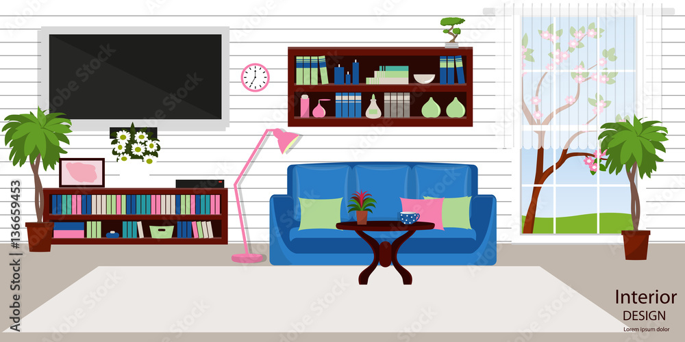 The interior of the living room. Vector illustration. Flat style.