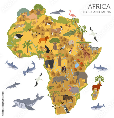 Flat Africa flora and fauna map constructor elements. Animals, b