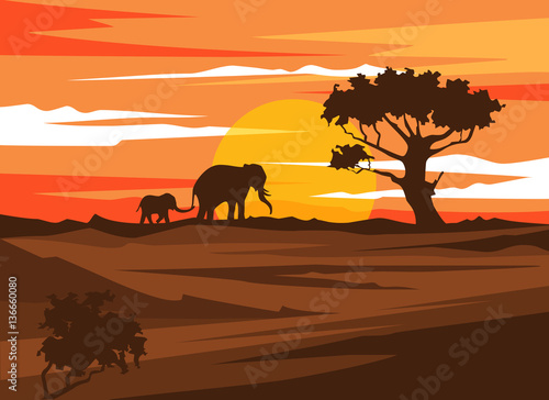 Africa landscape sunset with illustration flat cute elephants