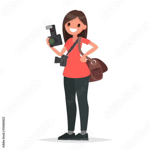Woman photographer holding a camera on a white background. Vecto