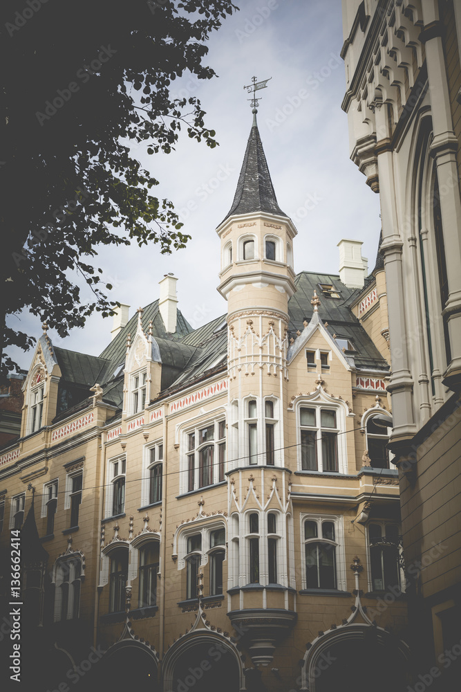 Morning street in medieval town of old Riga city, Latvia. Walkin Morning street in medieval town of old Riga city, Latvia. Walkin