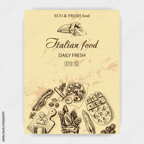 Vector illustration sketch. bread, loaf, baguette, focaccia, pizza. italian bakery house with fresh pastry.