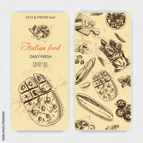 Vector illustration sketch. bread, loaf, baguette, focaccia, pizza. italian bakery house with fresh pastry.