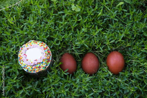 Kulich and painted eggs laying on fresh grass top view