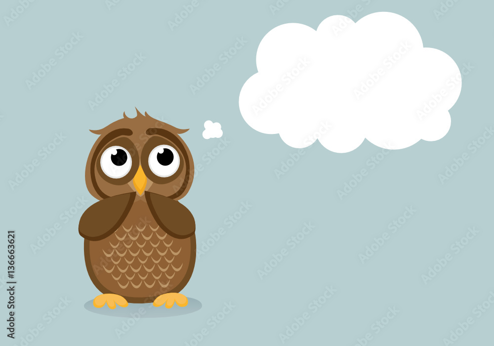 Cute owlet dreams of the present. Owl thought. Greeting card with empty space for your text or advertisement. Vector illustration. Thought Bubbles Cute owlet dreams of the present. Owl thought. Greeting card with empty space for your text or advertisement. Vector illustration. Thought Bubbles