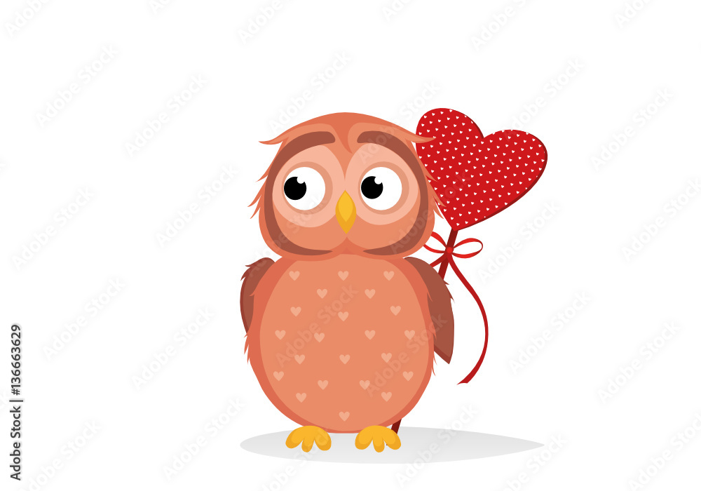 Fototapeta premium Cute owlet waiting to give heart a gift for Valentine's Day
