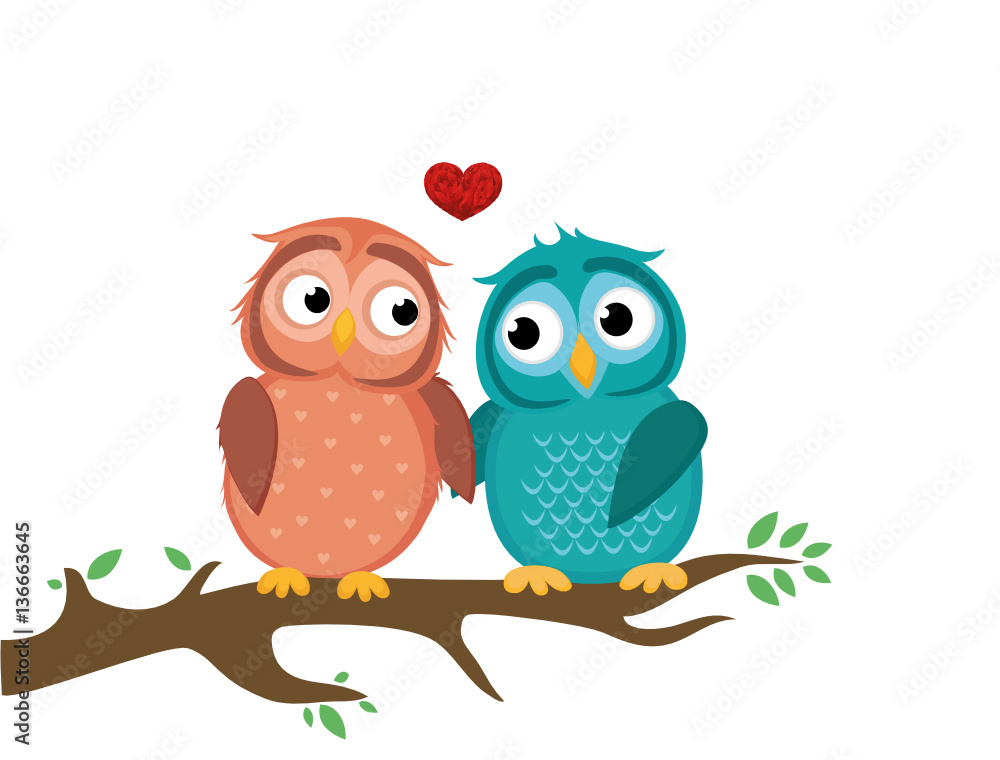 A pair of cute owlet sitting on a branch. Owls in love hearts