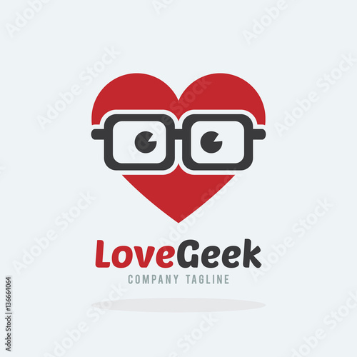 Love geek with hipster glasses logo template. Heart avatar wearing nerd glasses logo for business, shop, company. valentine's day design concept.