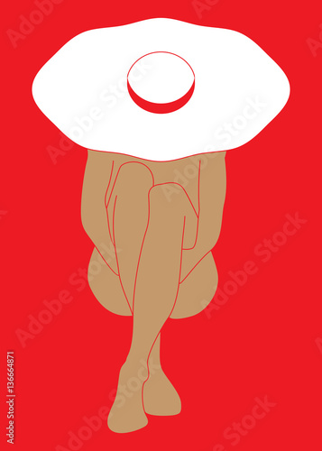 girl in white hat hugging her knees on red background