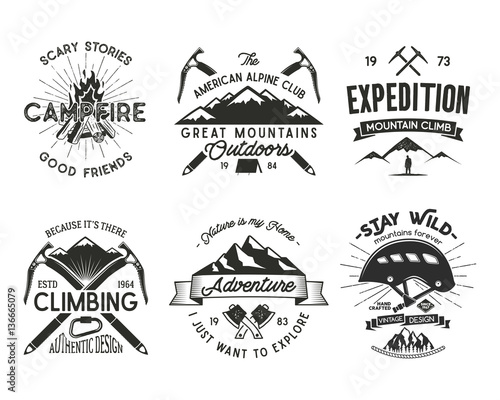Vintage mountaineering badges set. Climbing logo, vintage vector emblems. Climb alpinism gear - helmet, carabiner, campfire. Retro t shirt design. Old style illustration. Letterpress effect