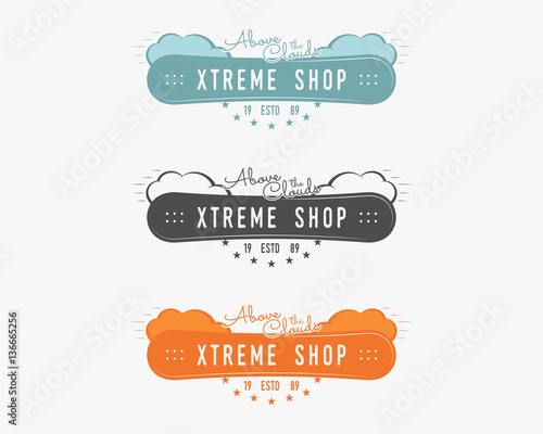 Set of Snowboarding extreme shop logo, label templates Winter snowboard sport store badge. Emblem and icon. Mountain adventure patches. Sports vintage color design. Vector