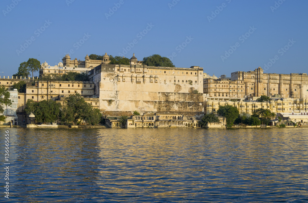 Landscape the city of Udaipur in India on water, the city
