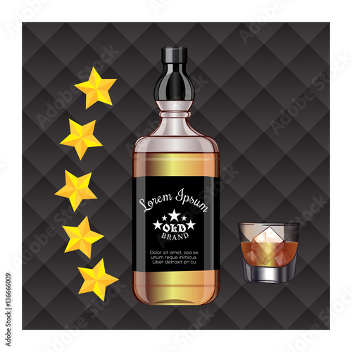 Bottle with alcohol. Elite drink. Presentation of the new. Five Stars . Glass with ice. Template for design and interior - flyers, business cards, brochures. Vector illustration
