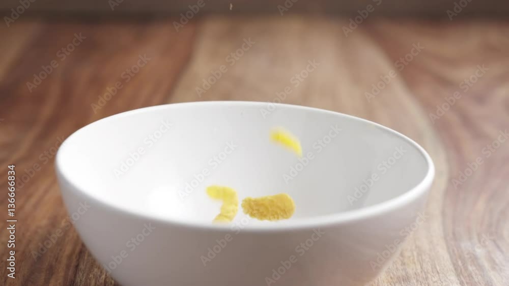 Slow motion of corn flakes falling into bowl, 180fps prores footage Slow motion of corn flakes falling into bowl, 180fps prores footage