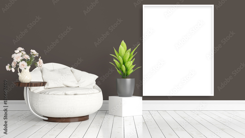 Modern bright interior with empty frame . 3D rendering Modern bright interior with empty frame . 3D rendering