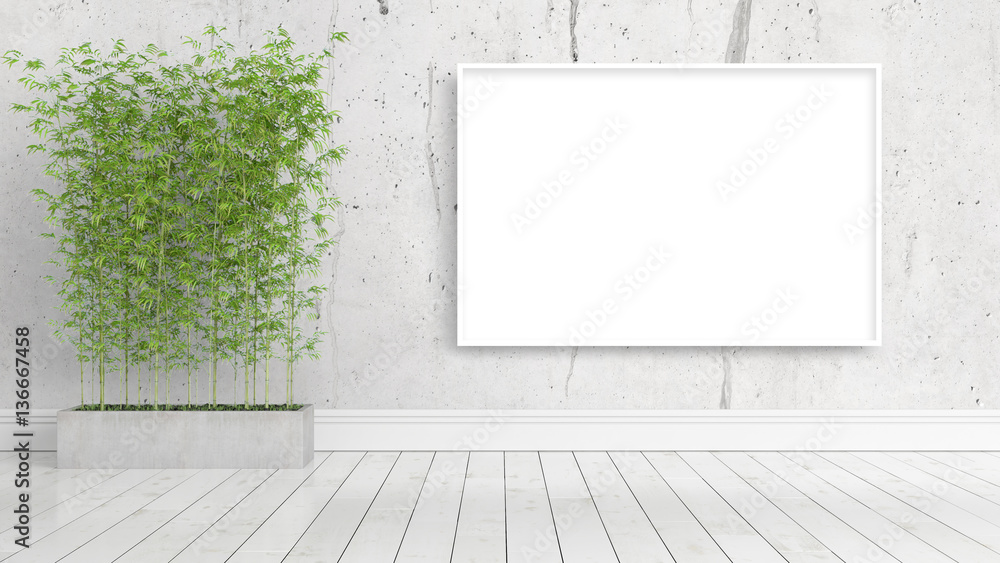 Modern bright interior with empty frame . 3D rendering Modern bright interior with empty frame . 3D rendering