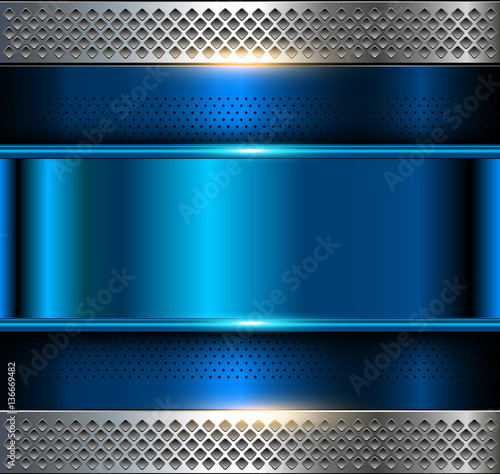 Metallic background, blue metal perforated texture, vector polished metal