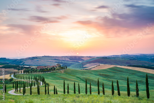Tuscany, landscape and rolling hills at sunset