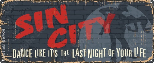 Vintage tin city sign. Underground poster. Old city mark. Welcome to. Retro souvenirs or postcard templates on rust background. Dance music poster.