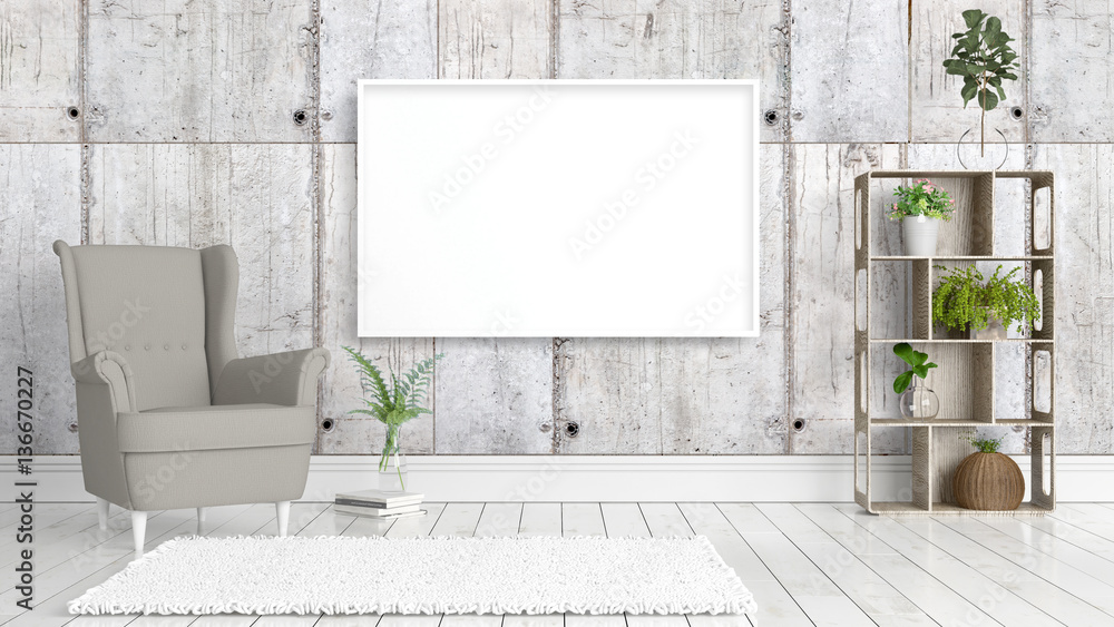 Fototapeta premium Modern bright interior with empty frame . 3D rendering