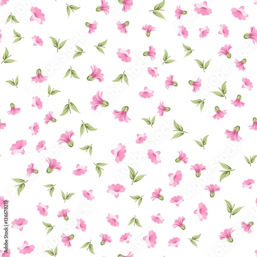 Elegant flowers fabric with seampless pattern. Spring flowers pattern over white background. Vector illustration.