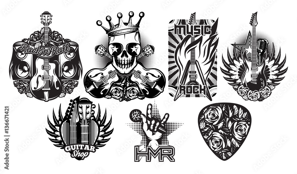 Fototapeta premium Set of monochrome vector pattern on the theme of rock music, rock and roll