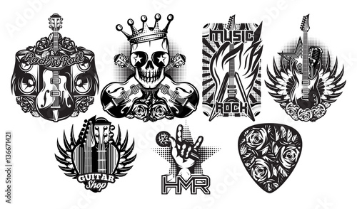 Set of monochrome vector pattern on the theme of rock music, rock and roll