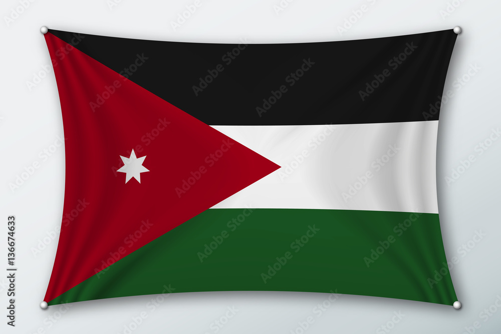 Jordan national flag. Symbol of the country on a stretched fabric with waves attached with pins. Realistic vector illustration. Jordan national flag. Symbol of the country on a stretched fabric with waves attached with pins. Realistic vector illustration.