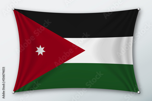 Free Download Jordan national flag. Symbol of the country on a stretched fabric with waves attached with pins. Realistic vector illustration. - GFXLoad