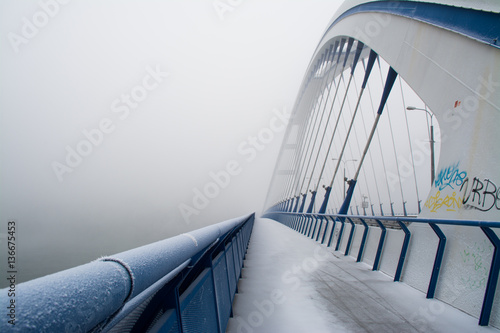 Frozen guardrail on a bridge in winter Bratislava SlovakiaEurope
