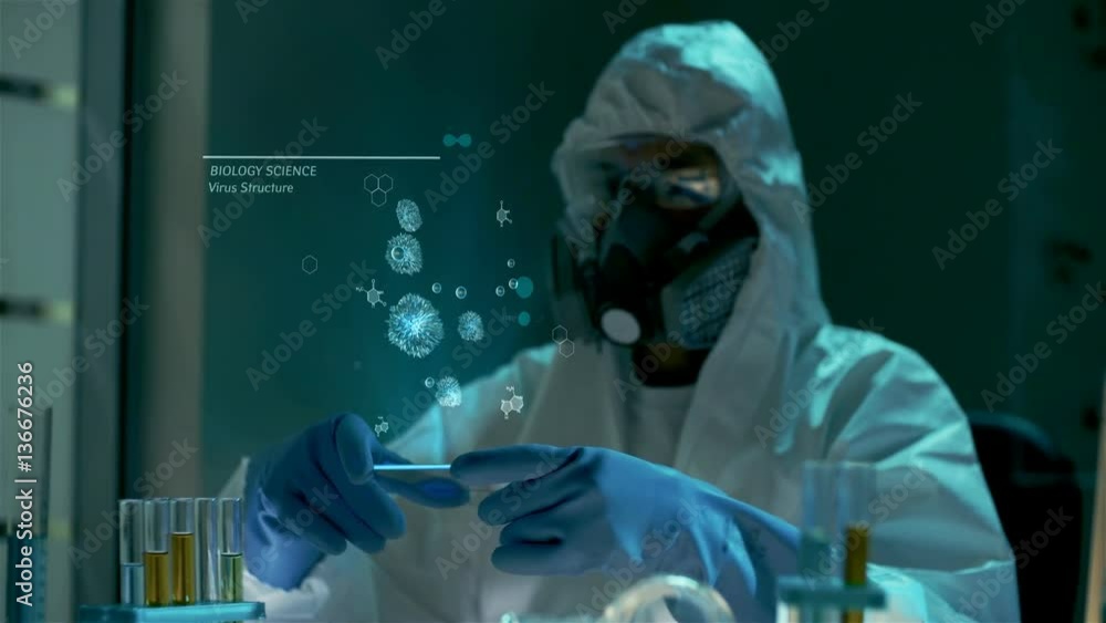 Examination of new dangerous virus strain. Global work to reduce epidemy, diseases and illness in the world. Bio scientist in protective lab clothes holds futuristic graphic hologram interface with 3D Examination of new dangerous virus strain. Global work to reduce epidemy, diseases and illness in the world. Bio scientist in protective lab clothes holds futuristic graphic hologram interface with 3D