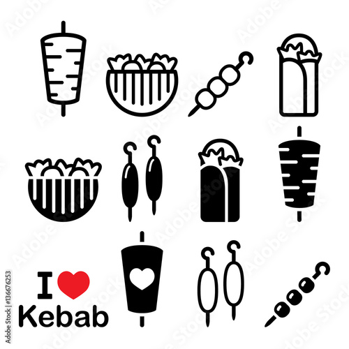 Doner kebab, kebab in wrap or pita bread, shish and adana kebab skewers icons set 