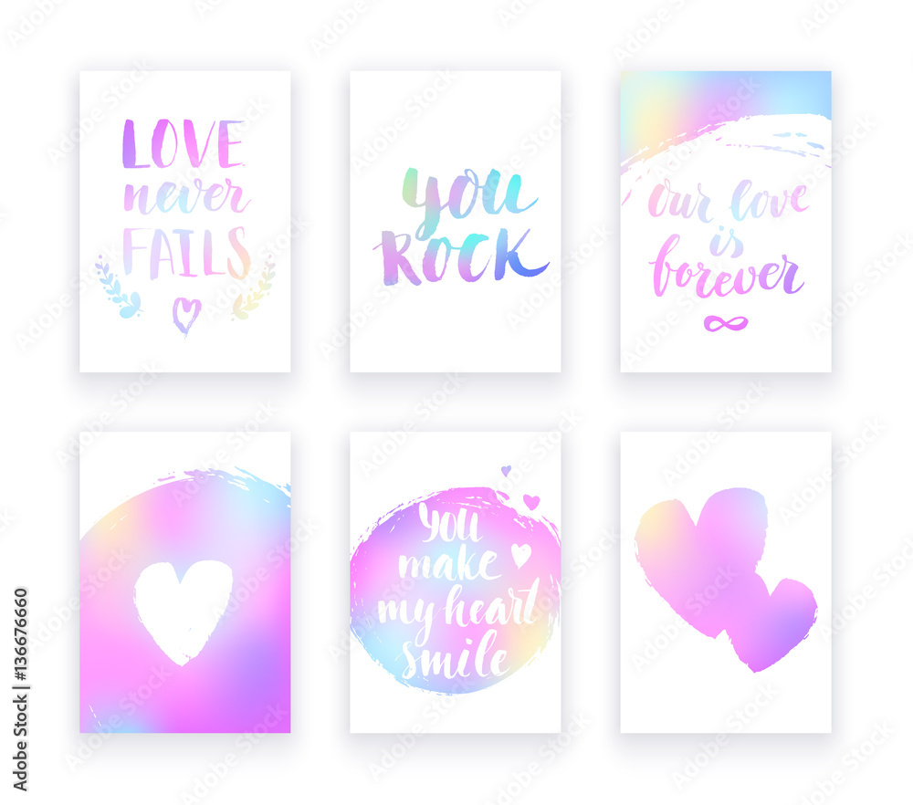 Valentine's day cards with hand lettring and pink gradient details.