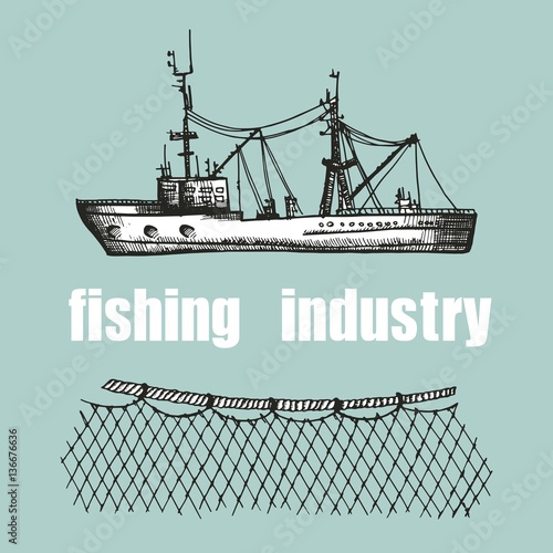 fishing trawler and nets vector illustration