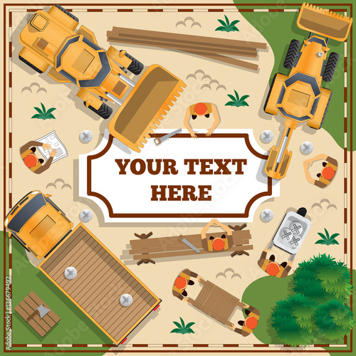 Workers attach labels. View from above. Vector illustration.