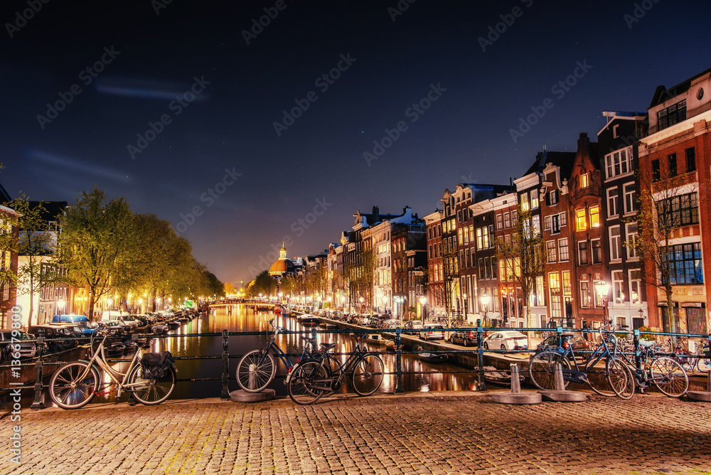 Bicycles Parked Along a Bridge Over the Canals of Amsterdam, Net