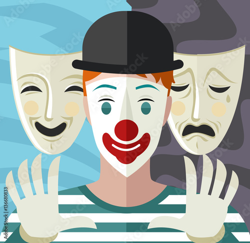 clown mime actor playing and theater comedy and drama sad and happy masks